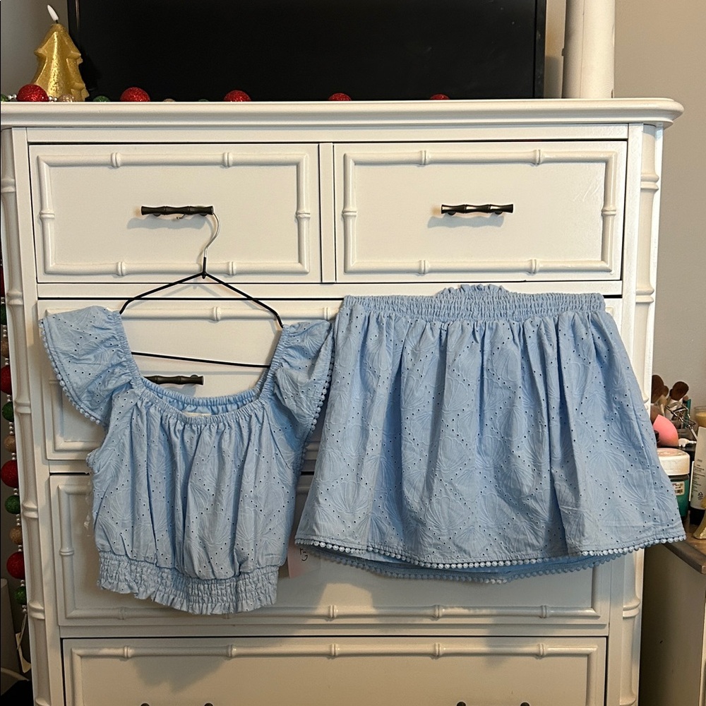 Blue Eyelet Women's Top and Skirt Set